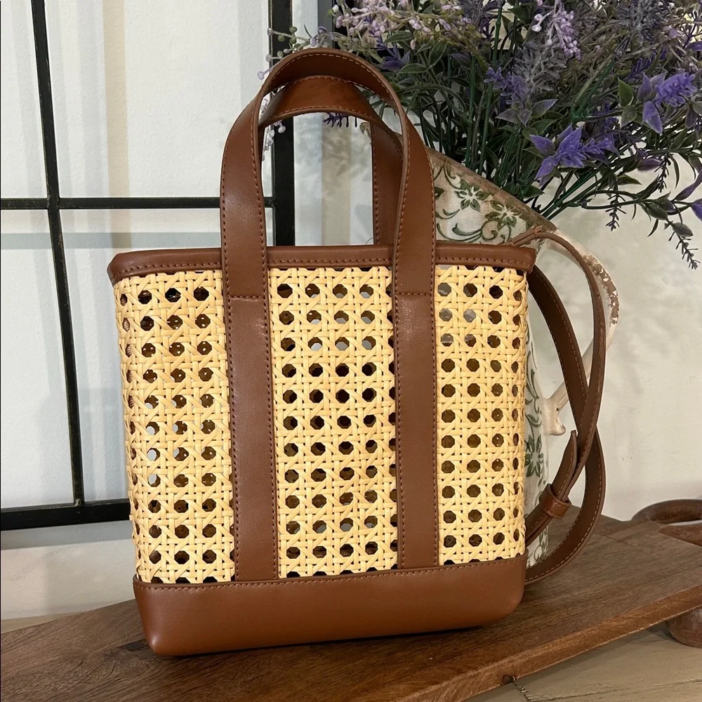 J. Crew Brown Leather and Natural Woven Crossbody Bag - Picture 2 of 3